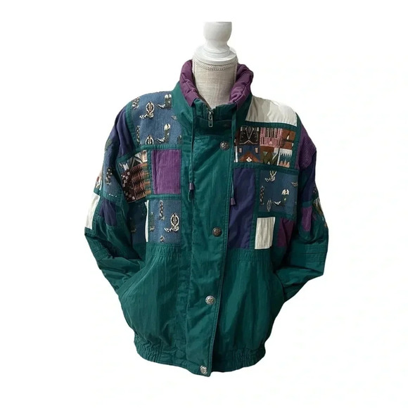 Izzi Vintage 80’s 90’s Western Cowboy Boots Patch Green Purple Jacket Size M - Picture 1 of 16
